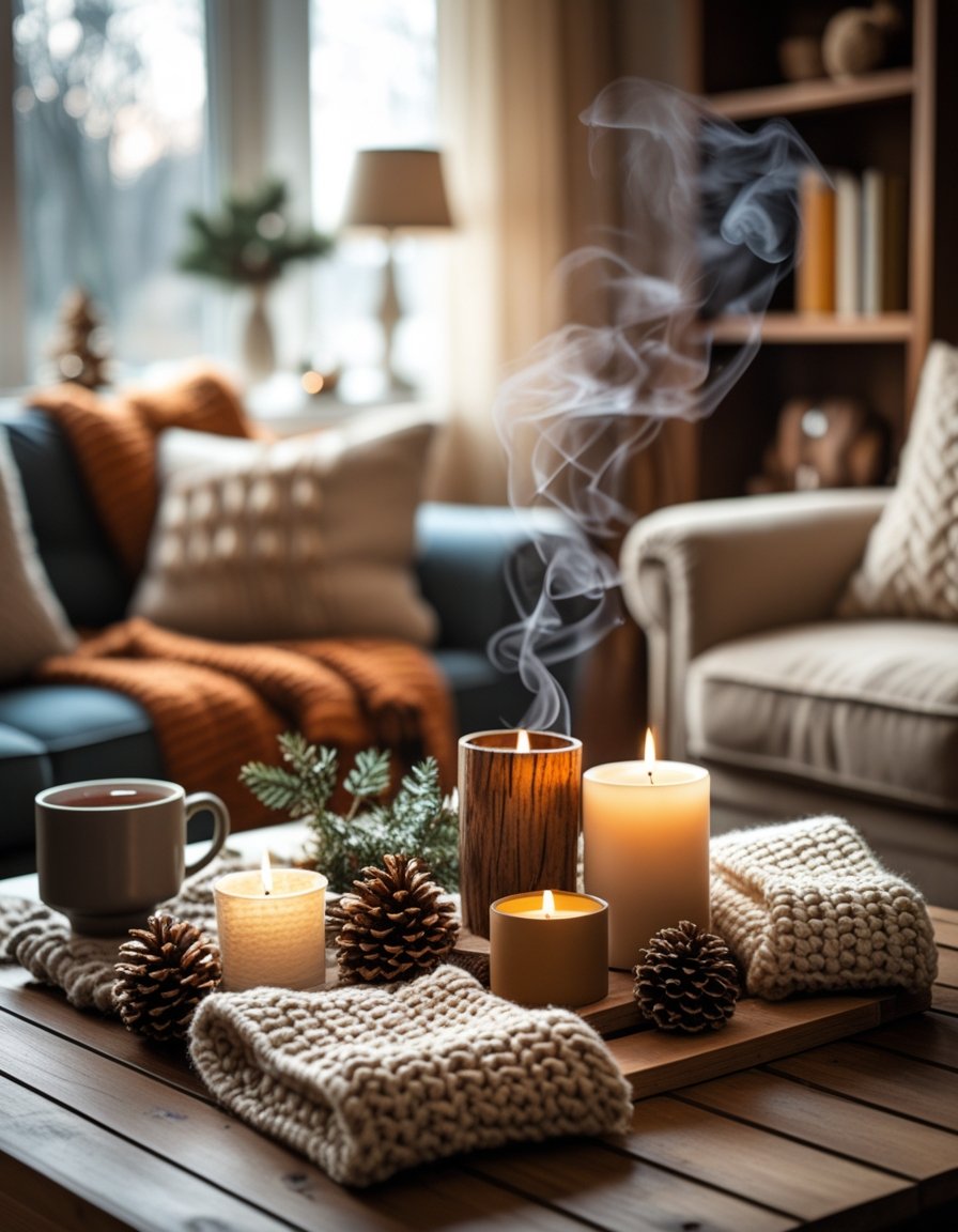 A cozy living room with handmade winter crafts, knitted blankets, candles, and warm decorations on a wooden table near a window.