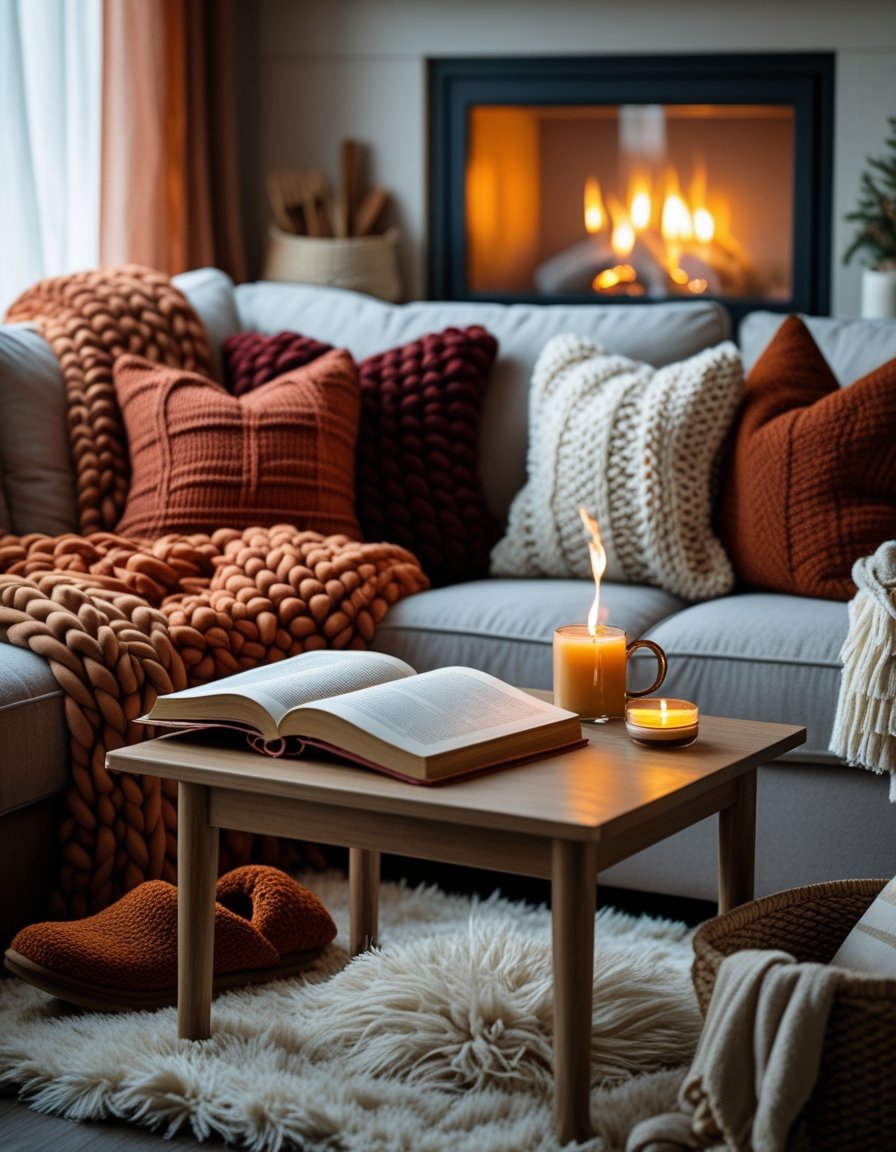 A warm living room with a sofa covered in blankets and pillows, a coffee table with a cup of tea and a candle, and a glowing fireplace in the background.