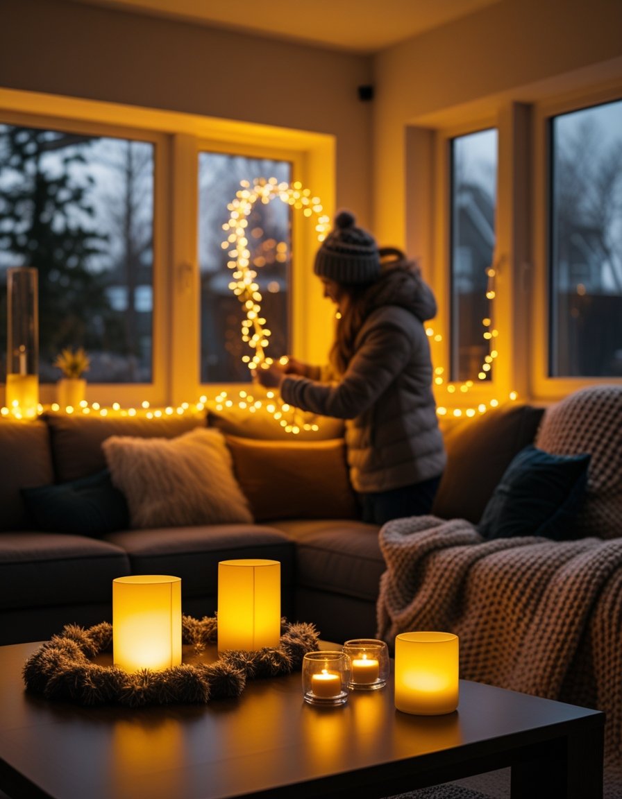 A person arranging warm fairy lights in a cozy living room with candles and lanterns glowing softly during a dark winter evening.