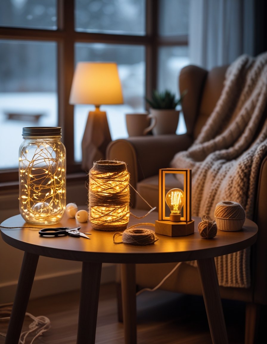 A table near a window with snow outside displaying several warm glowing handmade lamps surrounded by crafting materials.