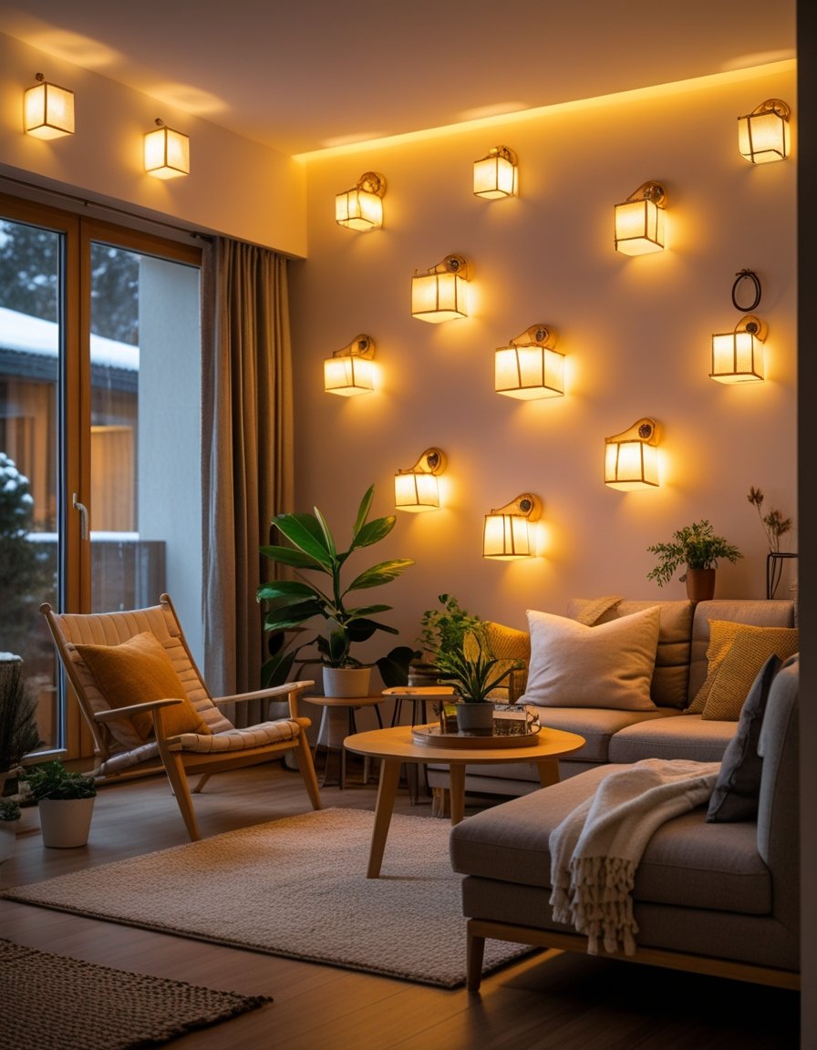 A cozy living room lit by warm handmade wall and ceiling lights, creating a welcoming and bright atmosphere.