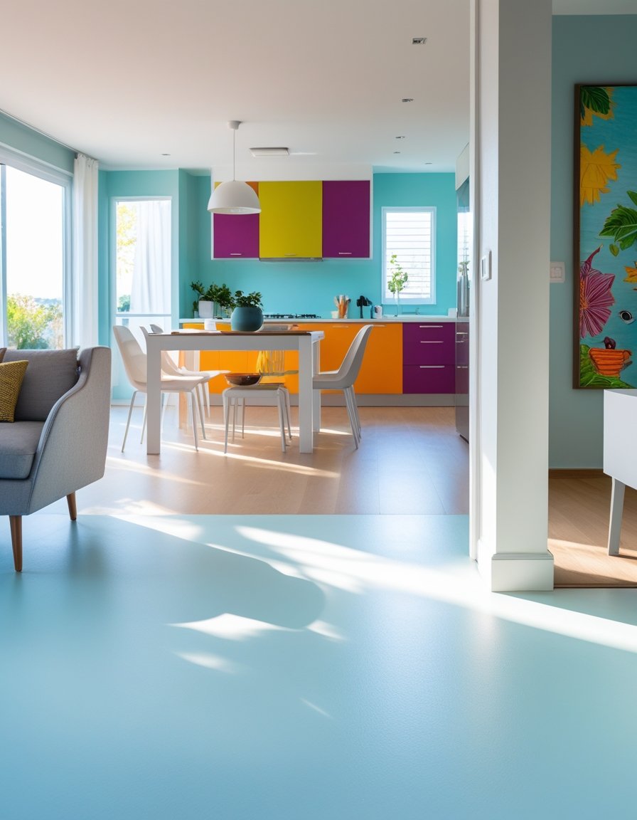 Interior view of a modern home with freshly painted walls in different rooms, including a living room, kitchen, and child's bedroom.