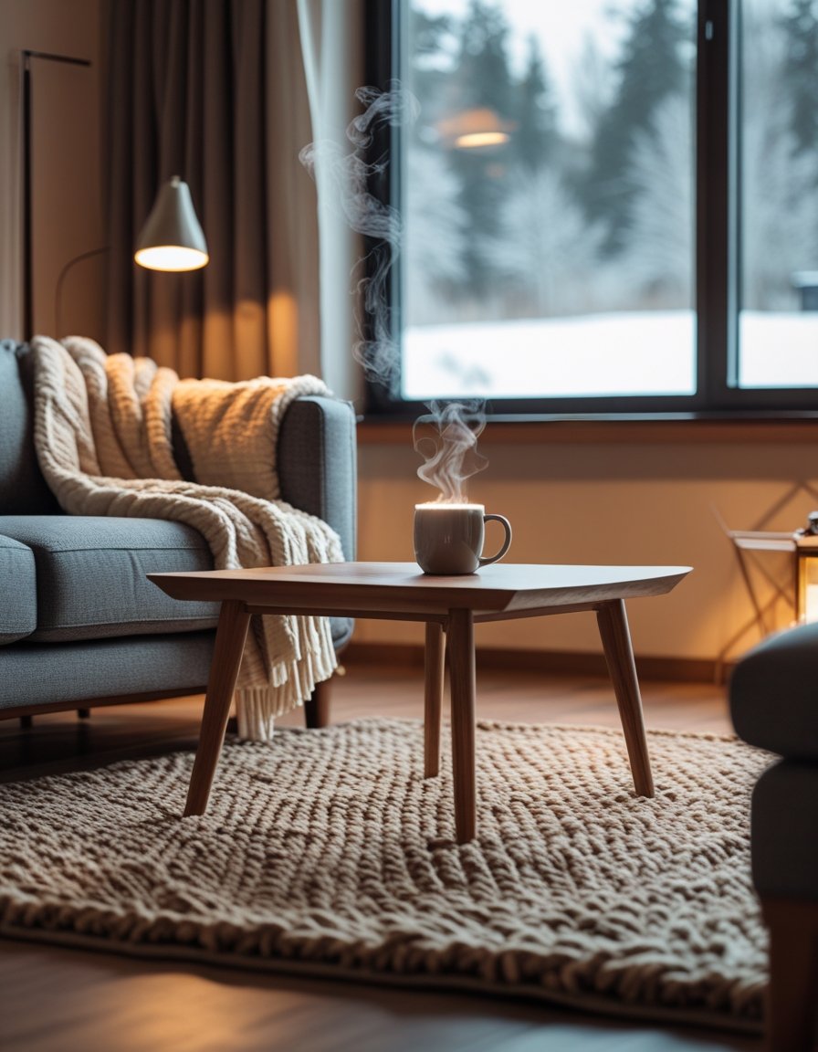 A cozy living room with a warm throw blanket on a sofa, a steaming mug on a coffee table, soft lighting, and a snowy scene visible through the window.