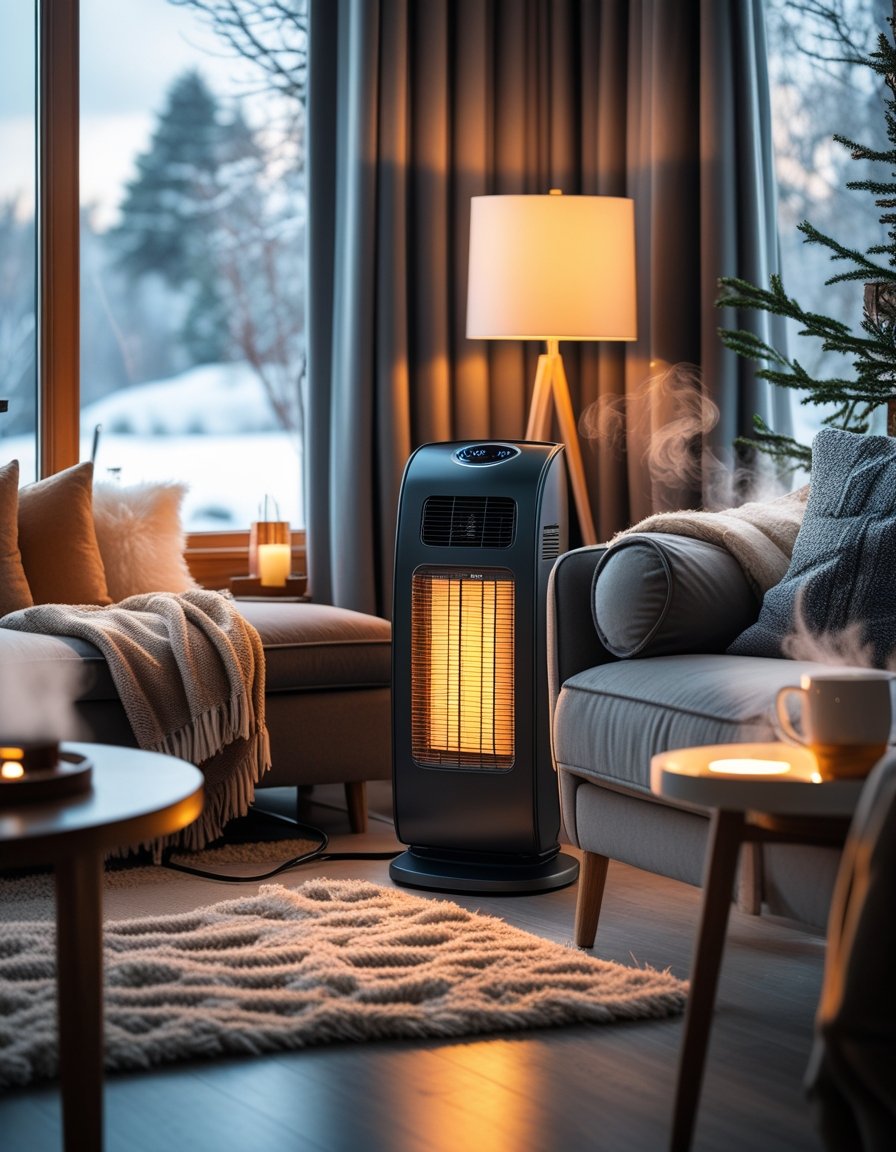 A cozy living room with a space heater near a sofa, warm blankets, and a snowy scene visible through a window.