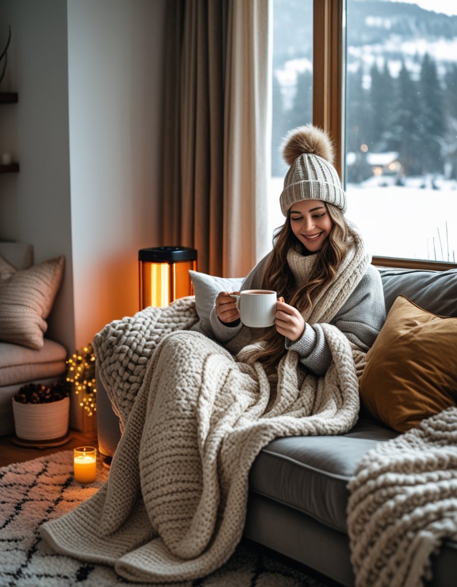 Person wrapped in a blanket sitting on a sofa with a hot drink in a cozy living room during winter.