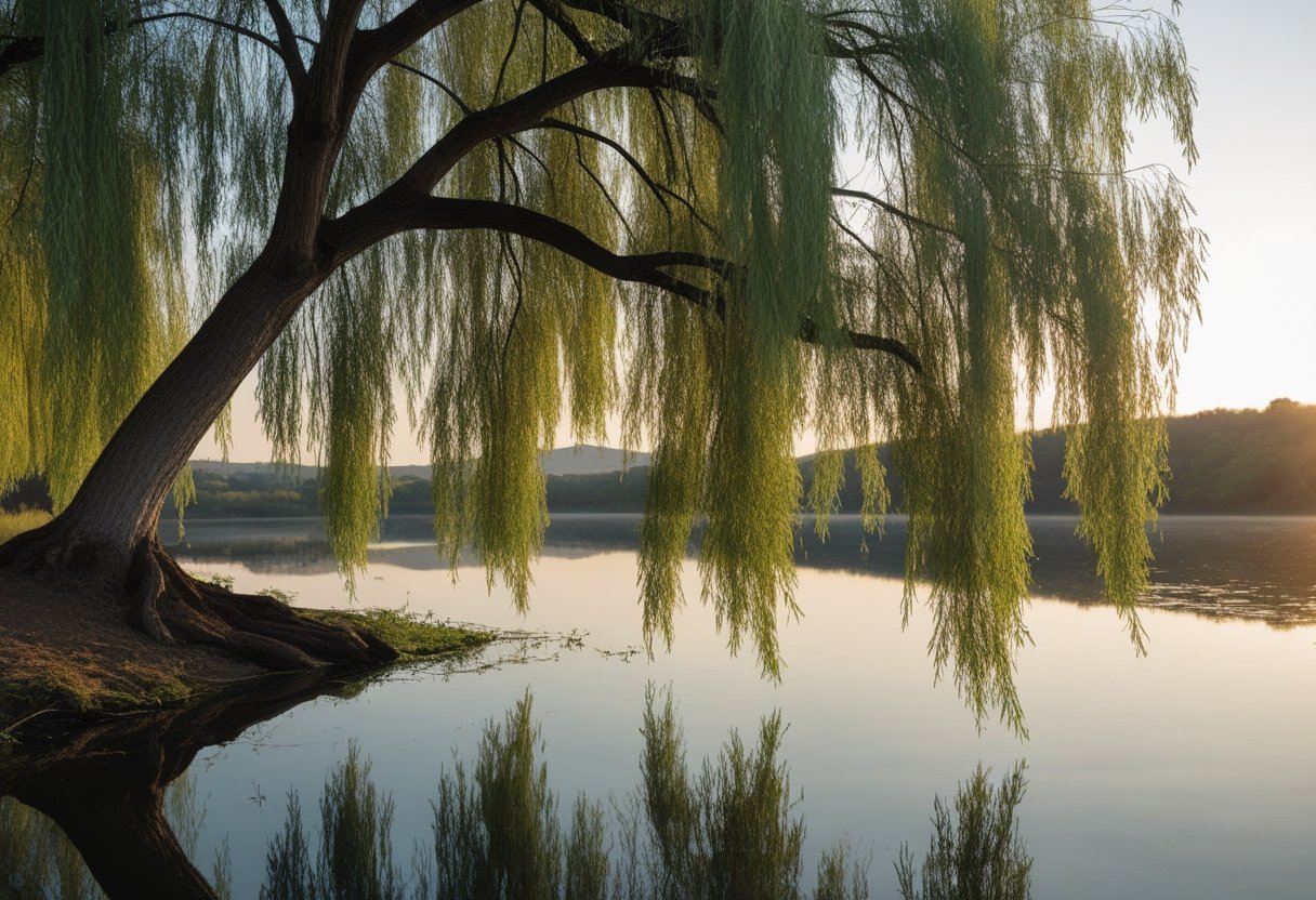 A large willow tree with drooping branches by a calm lake during sunset, surrounded by green landscape.