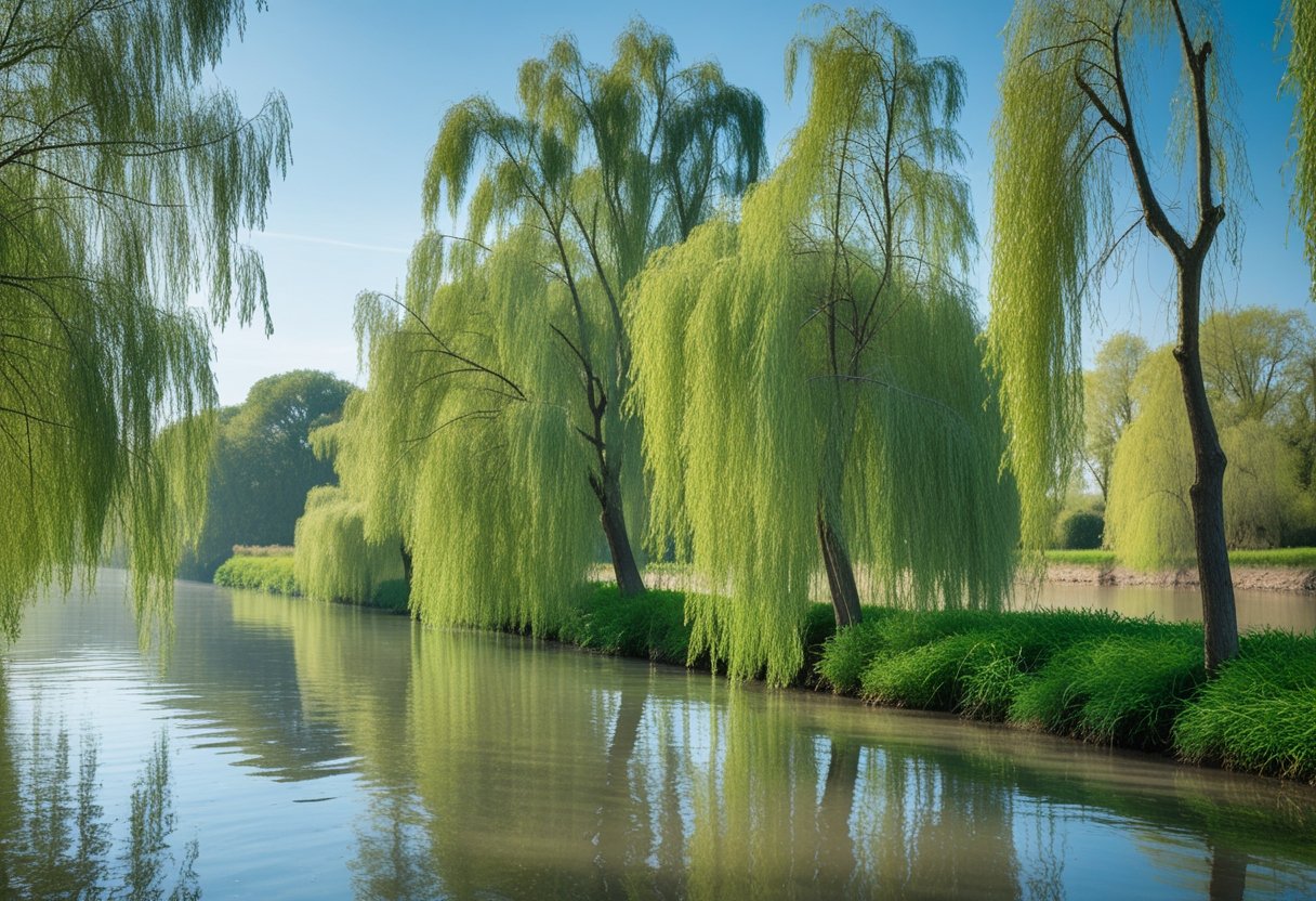 A peaceful riverbank scene with various willow trees showing slender branches and long green leaves by calm water under a clear sky.