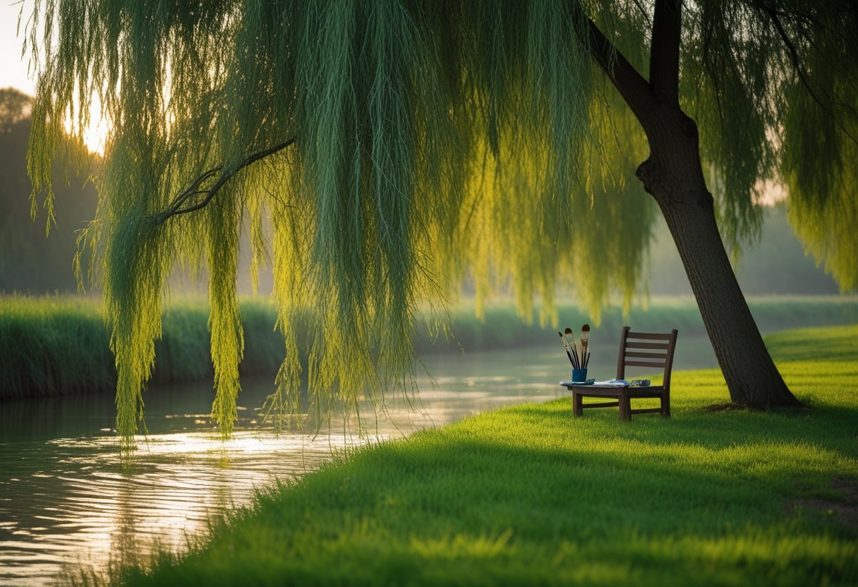 A willow tree with long branches hanging over a calm riverbank at sunset, with an easel and paintbrushes nearby.
