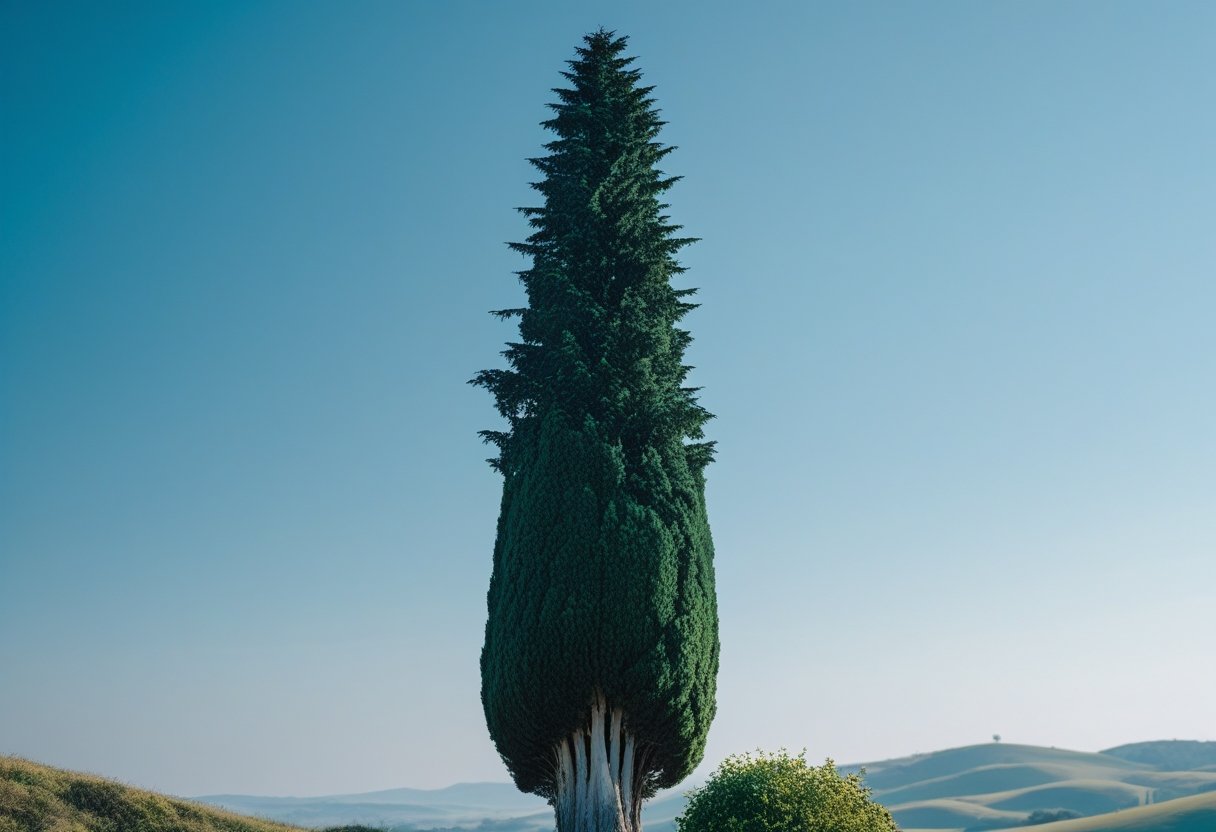 A tall cypress tree with dark green foliage standing against a clear blue sky with rolling hills in the background.