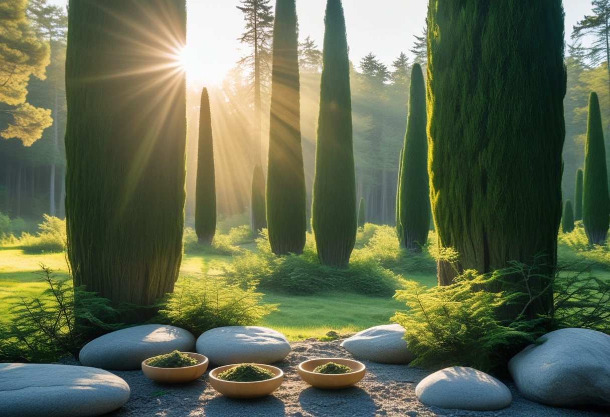 Tall cypress trees in a peaceful forest with sunlight filtering through green leaves and natural elements like stones and herbs arranged in the foreground.