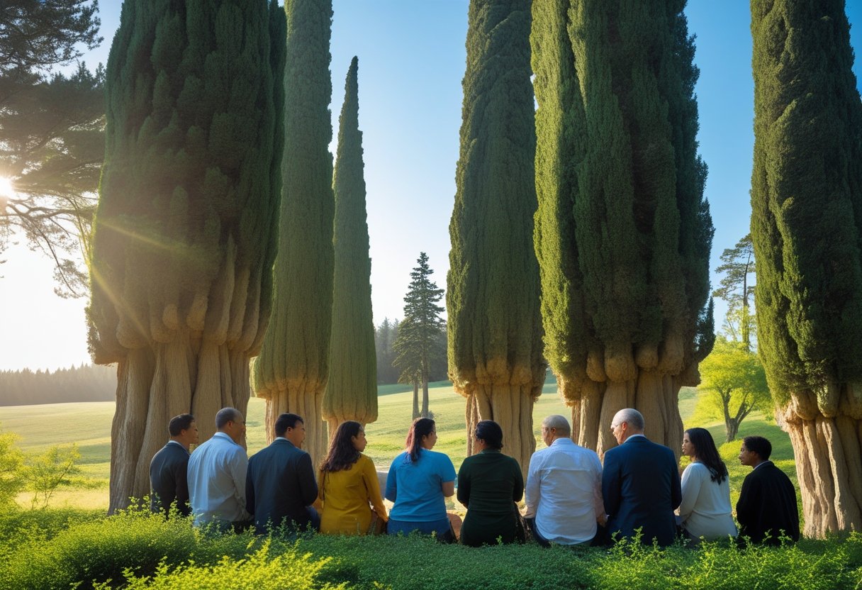 A diverse group of people standing and sitting peacefully among tall cypress trees in a sunlit natural setting.