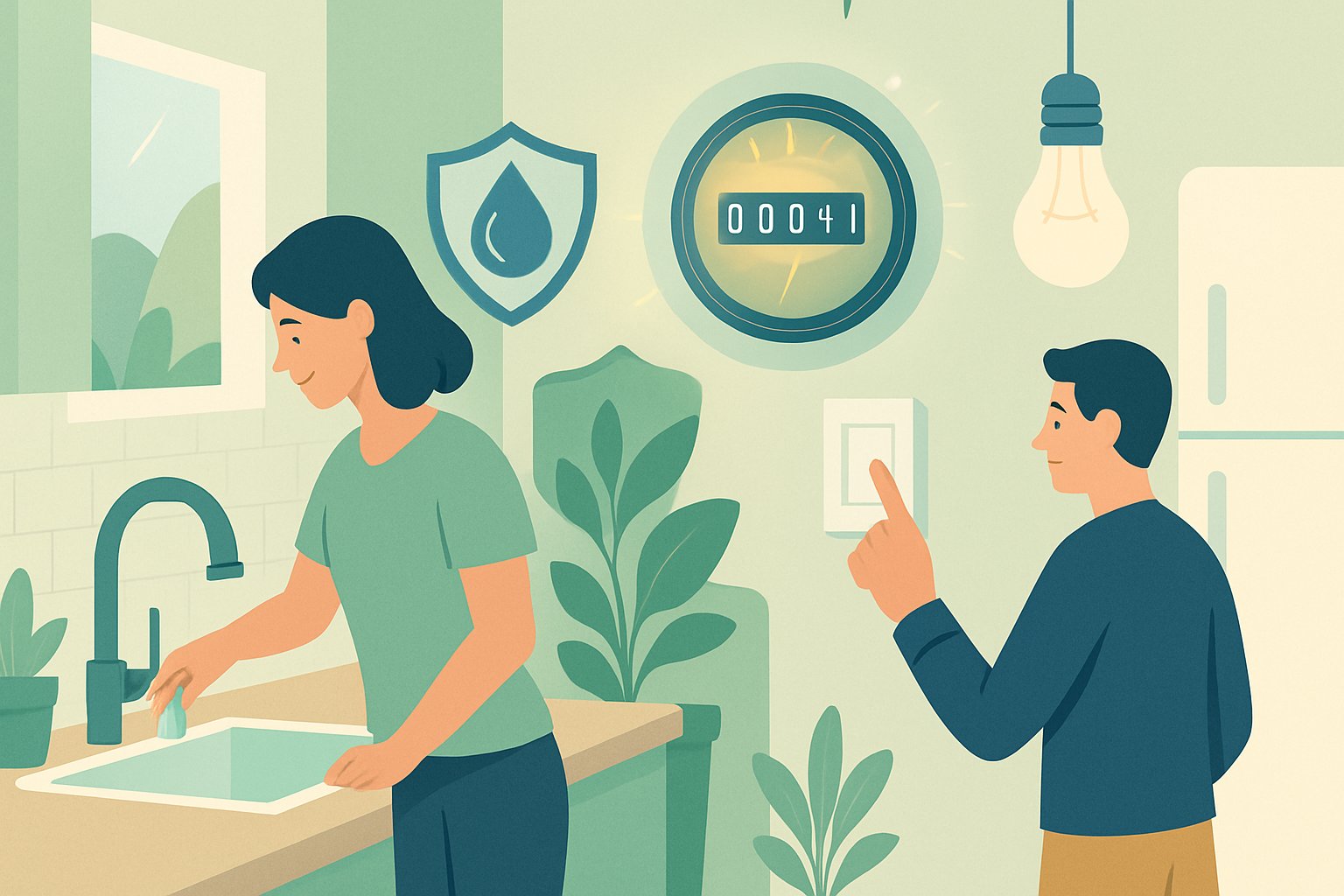 Bir kişi musluğu kapatırken ve başka bir kişi ışık anahtarını kapatırken tasarruf bilincini gösteren ev ortamı.