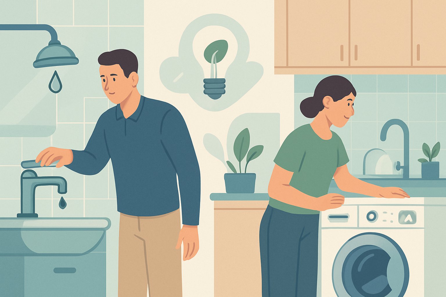 Bir evde su ve elektrik tasarrufu yapan insanlar, damlayan musluğu kapatan ve enerji tasarruflu cihazlar kullanan kişiler gösteriliyor.