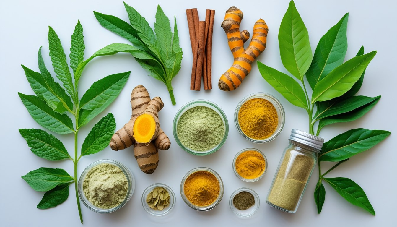 A neatly arranged assortment of fresh green leaves, turmeric roots, cinnamon sticks, and glass jars with herbal powders on a white surface.