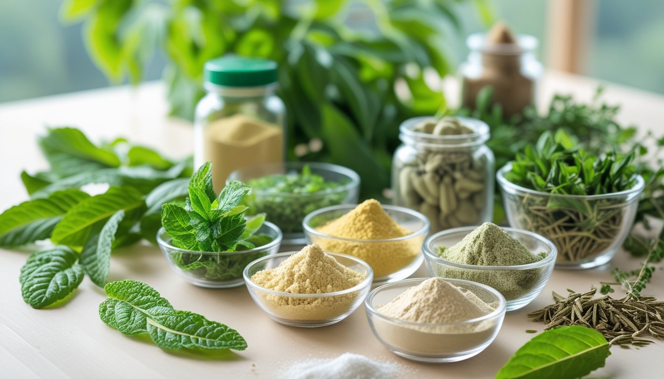 A close-up of natural herbs and powders arranged on a wooden surface, representing ingredients for supplements.