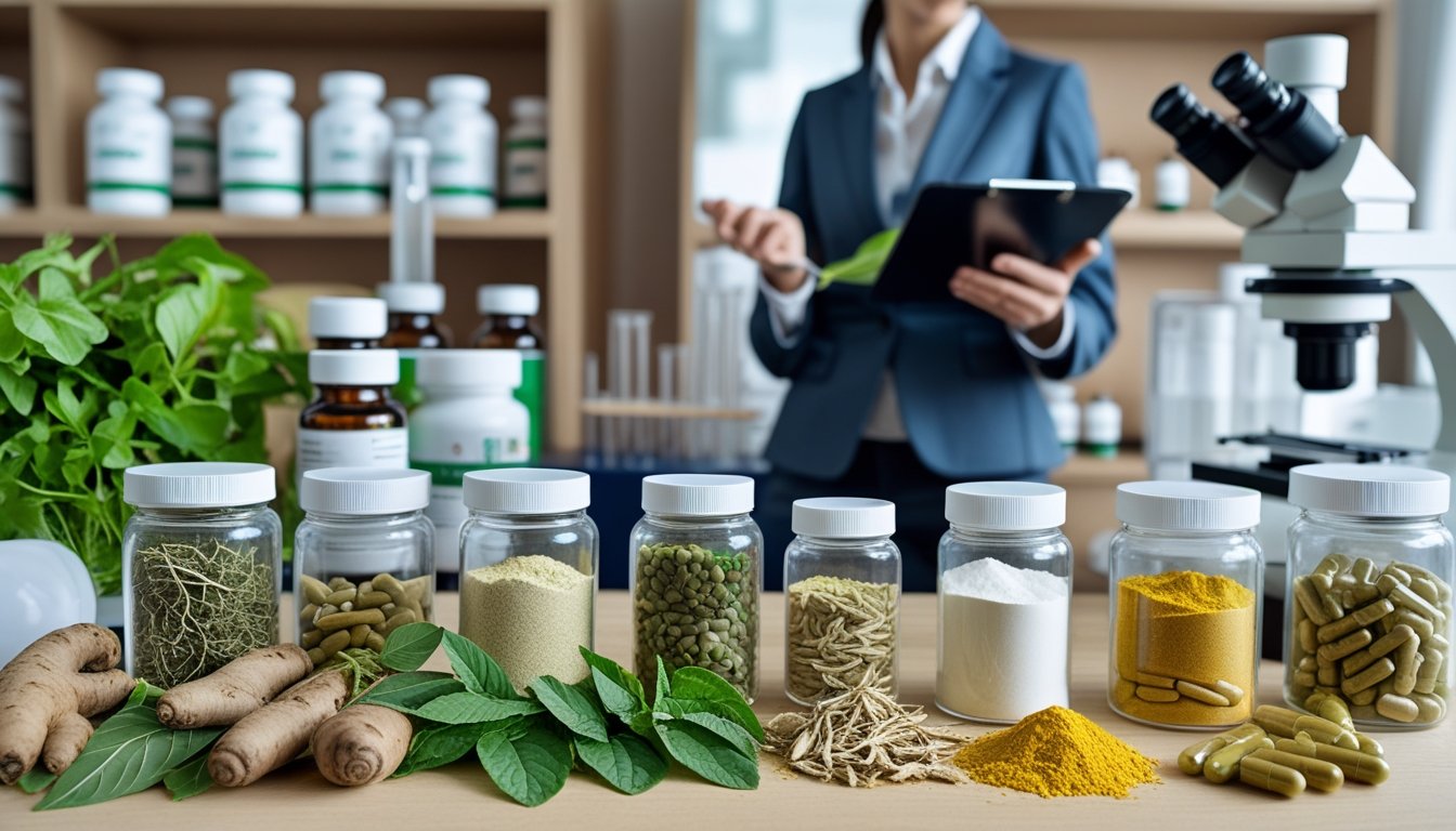 A person in business attire examines natural supplement ingredients on a wooden table with jars and herbs in a research setting.
