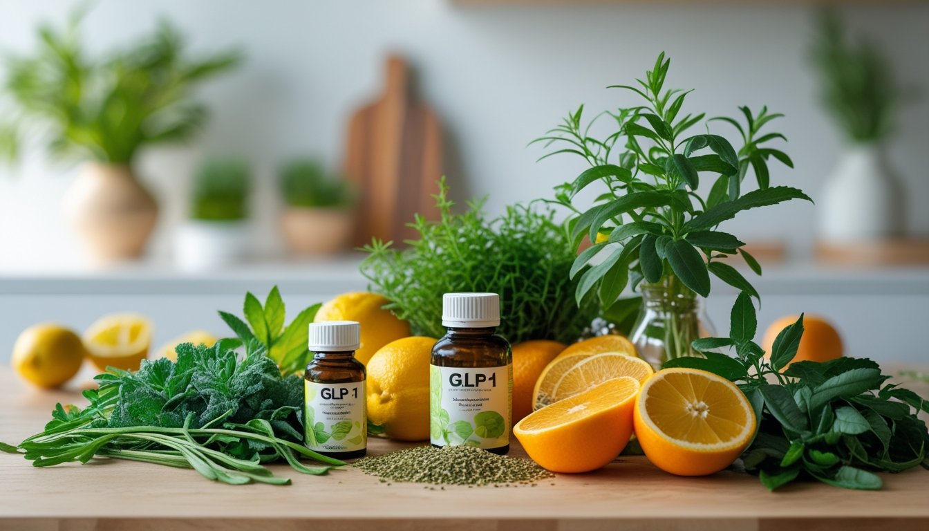 A wooden table with fresh herbs, citrus fruits, and small glass bottles of herbal extracts in a bright, natural wellness setting.