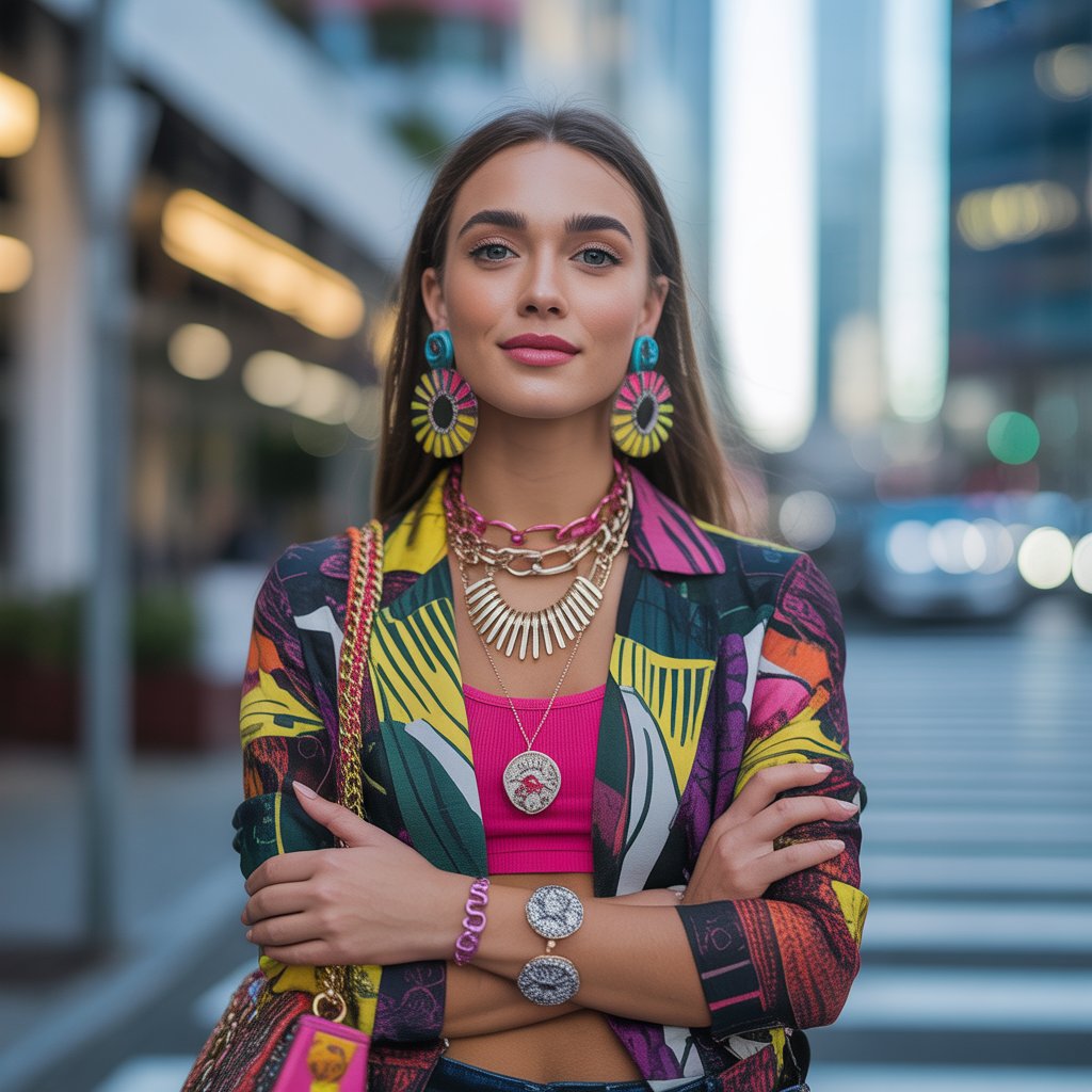 A confident young woman wearing bold jewelry and accessories stands in a city setting, looking poised and self-assured.