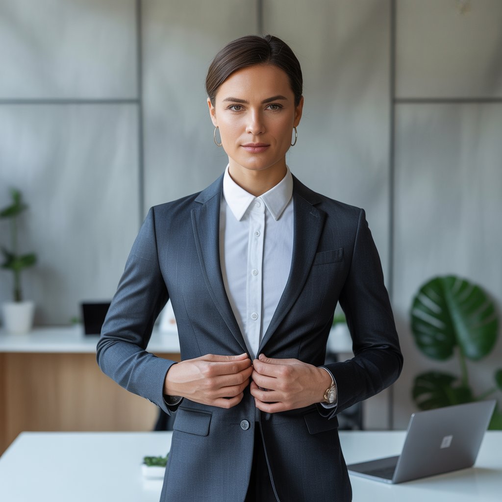 A person adjusting their tailored blazer while standing in a modern office with a desk and plant in the background.