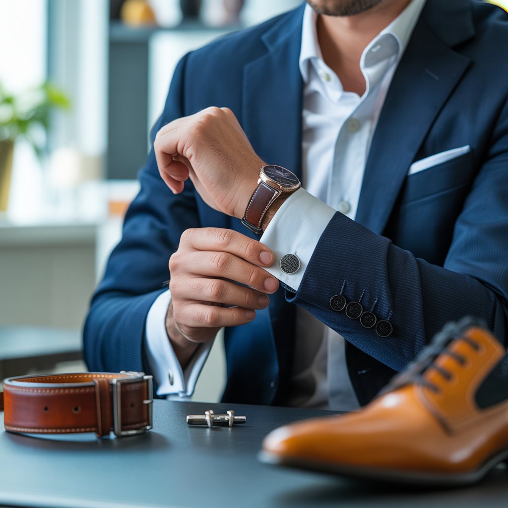Close-up of a person adjusting their suit cufflinks at a desk with fashion accessories nearby.