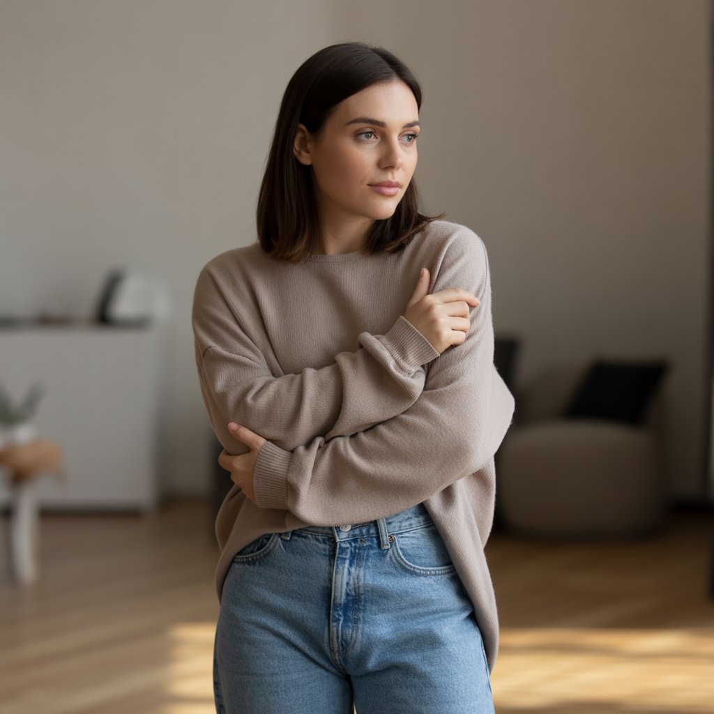 A young woman wearing oversized clothes stands alone indoors with a thoughtful expression.