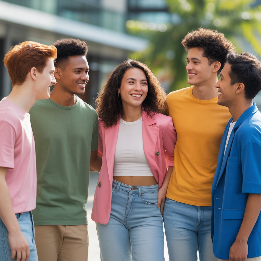 A diverse group of young adults wearing colorful clothes, smiling and interacting warmly outdoors in a modern urban environment.