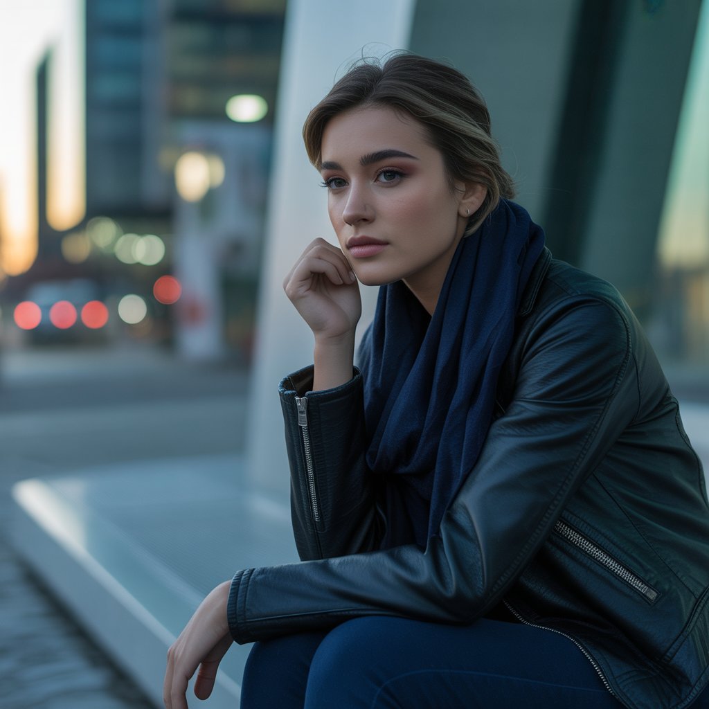 A young woman in dark clothing sitting alone in a city setting at dusk, looking thoughtful and introspective.