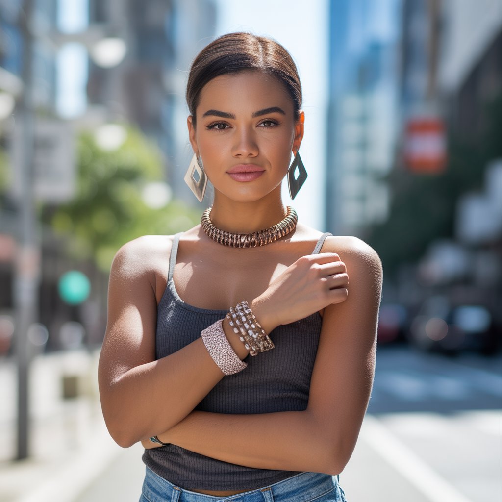 A confident young woman wearing bold statement accessories stands outdoors in a city setting with a slight smile.