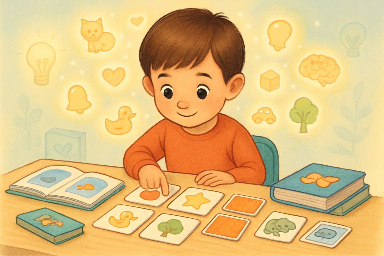 Bir çocuk renkli kartlar ve kitaplarla görsel hafızasını güçlendirmek için masa başında oturuyor, etrafında hayvanlar ve şekiller gibi nesnelerin simgeleri uçuşuyor.
