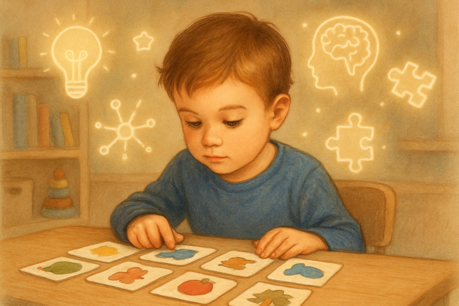 Bir çocuk, renkli kartlara bakarak masa başında oturuyor; etrafında hafıza ve öğrenmeyi simgeleyen görseller yer alıyor.