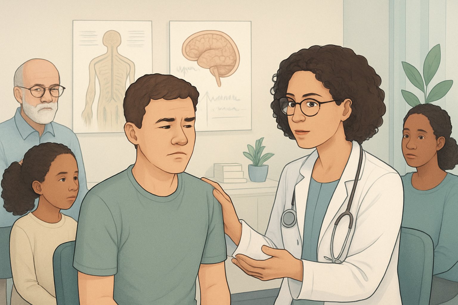 Bir sağlık uzmanı, yüzünde hafif tik hareketleri olan bir hastayla sakin bir klinik ortamda konuşuyor.