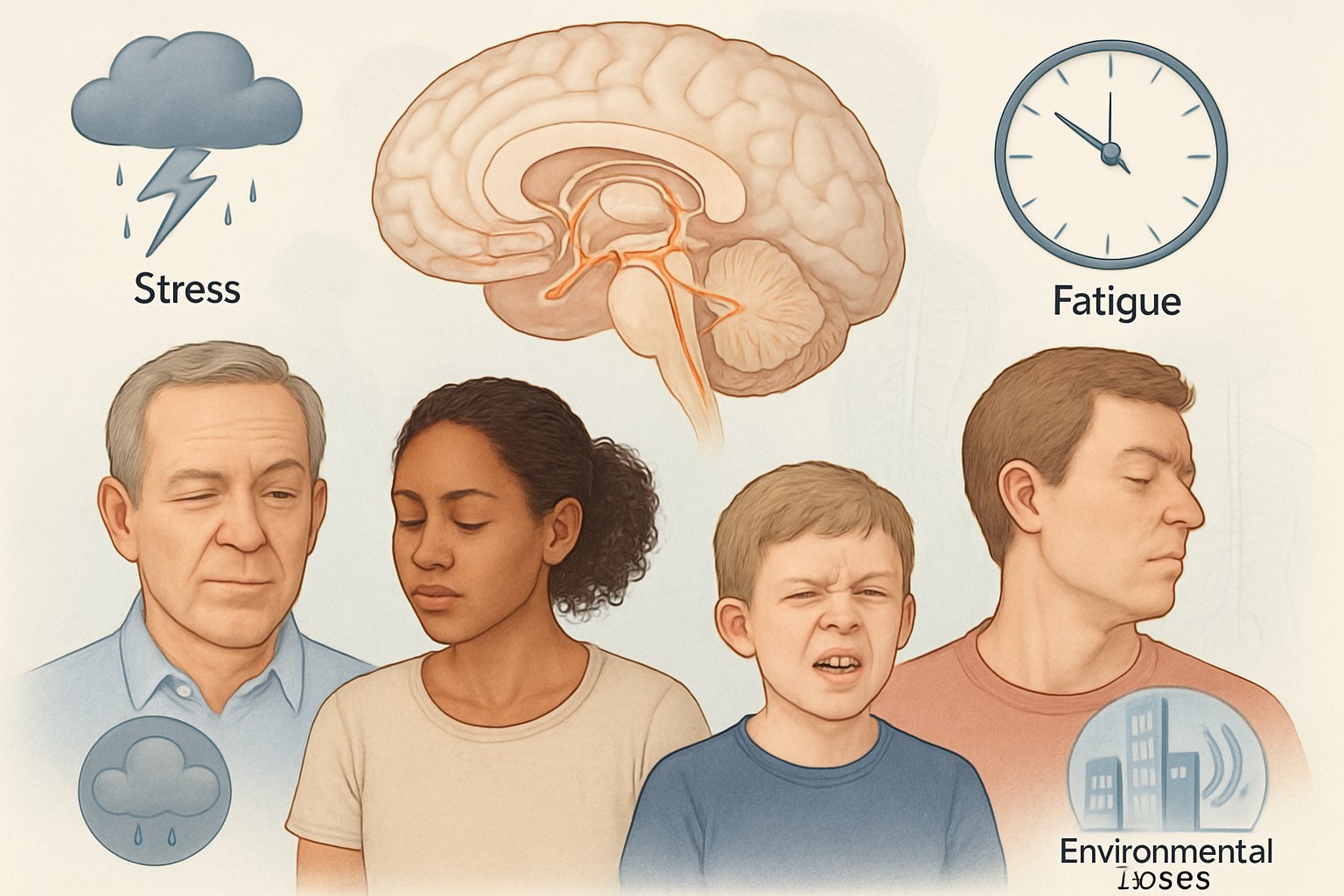 Tic bozuklukları ve geçici tiklere neden olan faktörleri ve tetikleyicileri gösteren, beyin ve sinir yollarını vurgulayan, çeşitli insan figürlerinin yer aldığı bir sahne.