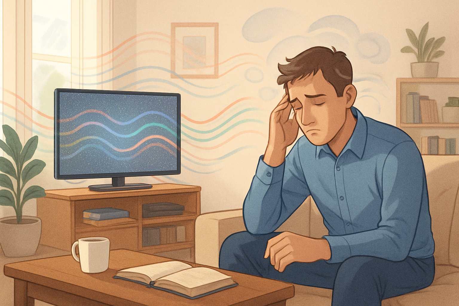 Bir oturma odasında televizyon açık ve arka plandan yayılan hafif dalgalar görülüyor, ön planda bir kişi kanepede oturuyor ve dikkatinin dağıldığı anlaşılıyor.