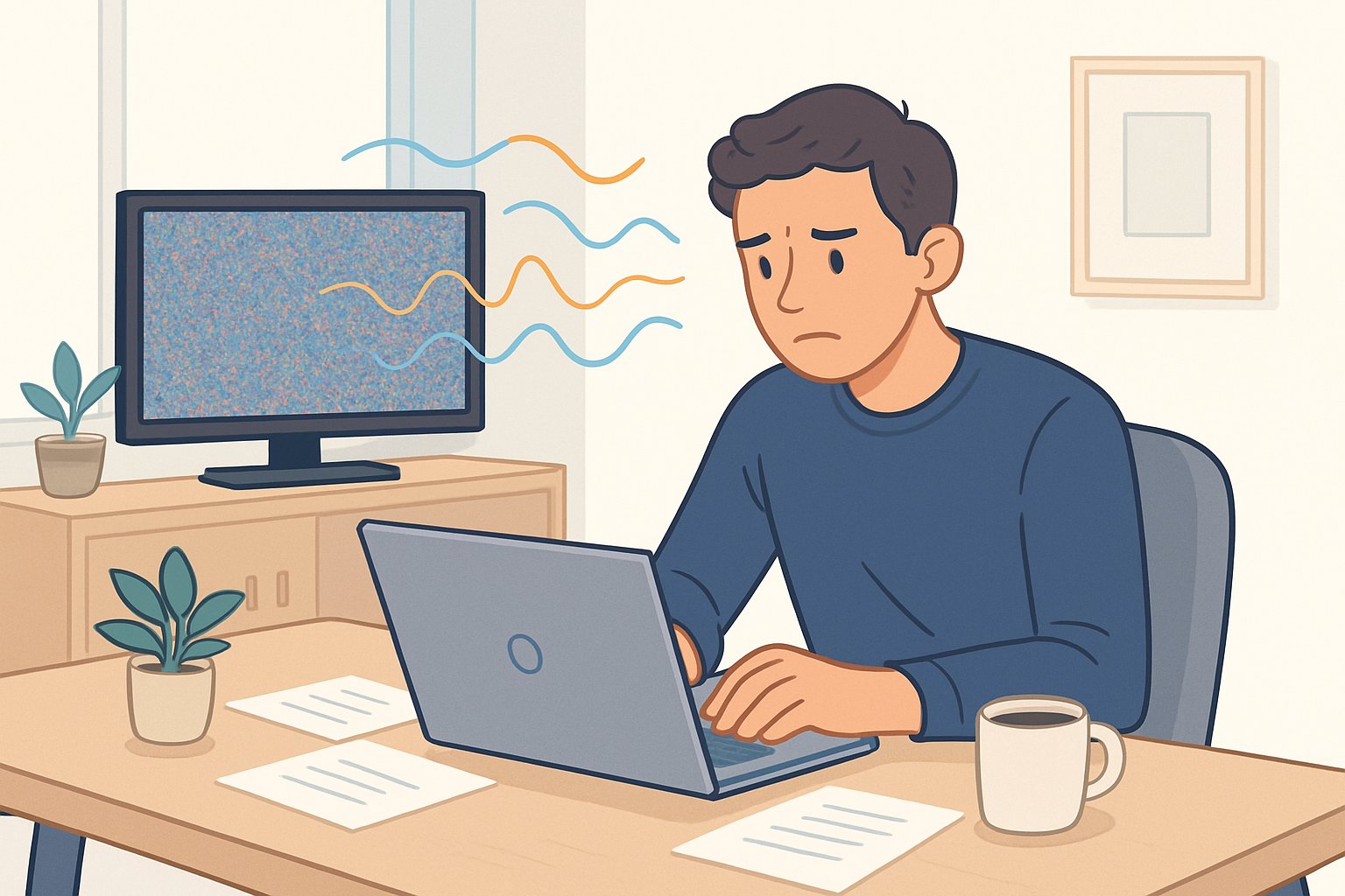Bir kişi çalışma masasında dizüstü bilgisayara odaklanmaya çalışıyor, arka planda açık televizyon ve yayılan ses dalgaları görünüyor.