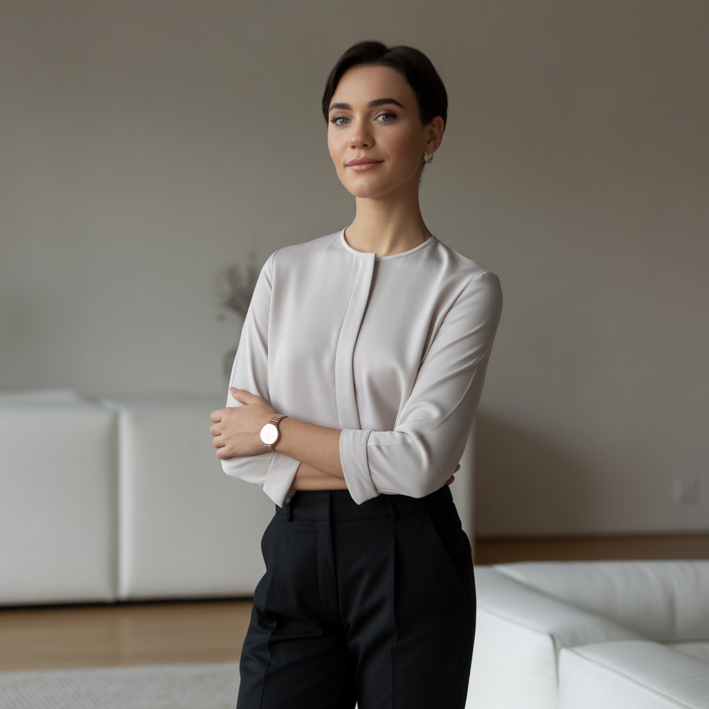 A person standing confidently indoors wearing simple, elegant clothing with a calm and poised expression.