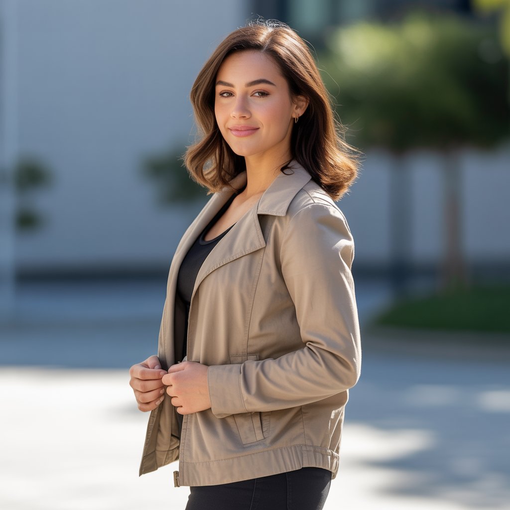 A confident young woman wearing a well-fitted jacket, standing outdoors with a relaxed posture and a slight smile.