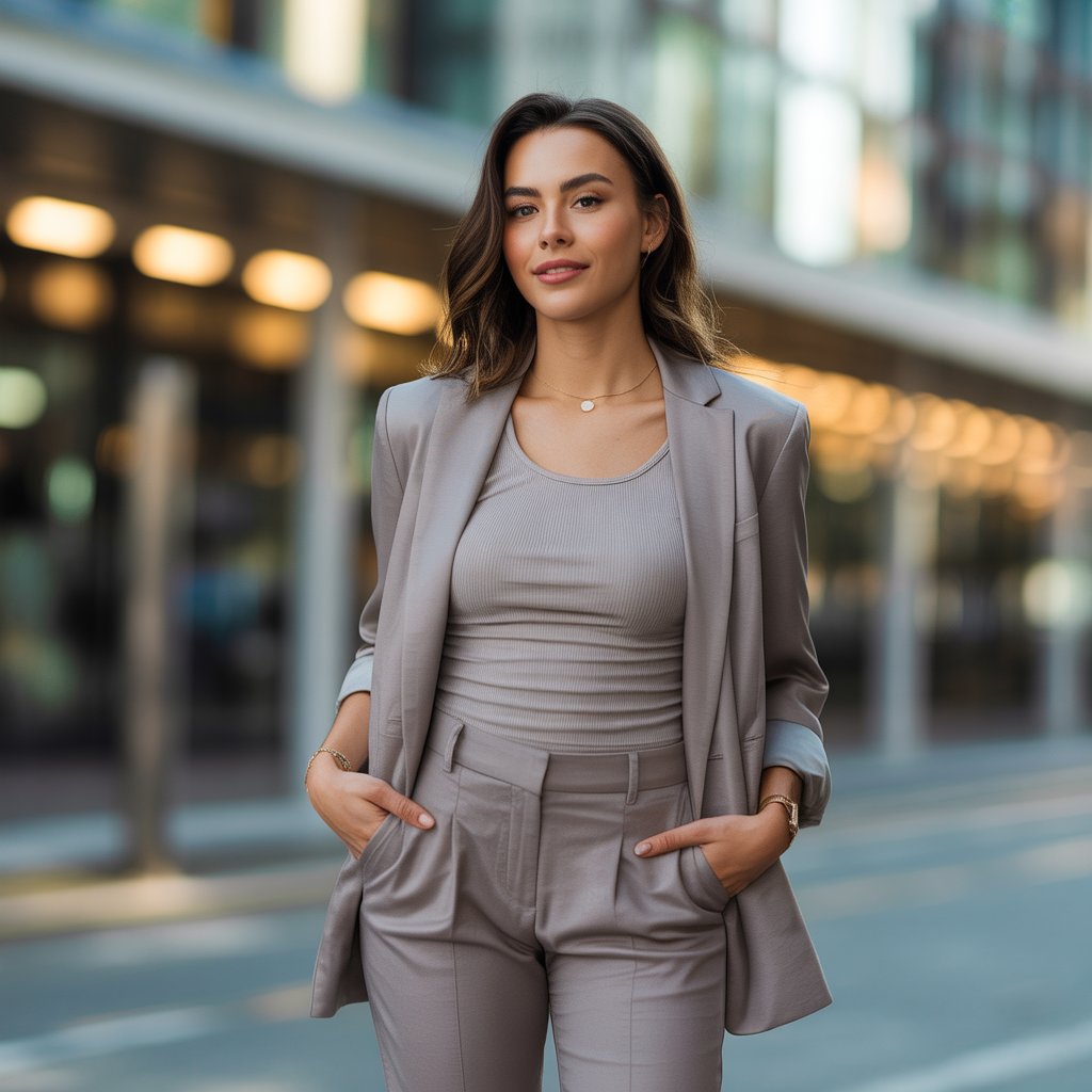 A young woman standing outdoors in a city wearing a layered outfit, looking confident and relaxed.
