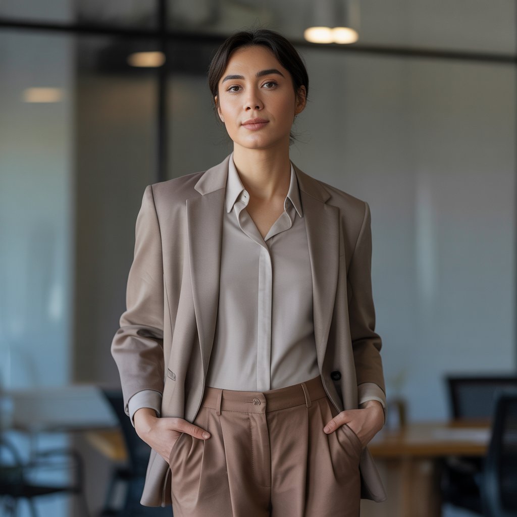 A person standing confidently indoors wearing a tailored outfit, with a calm and composed expression.