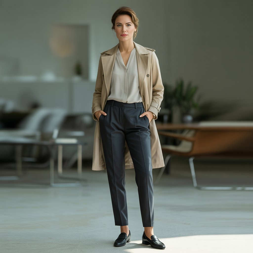 A woman standing indoors wearing a beige trench coat and dark pants, looking confident and calm.