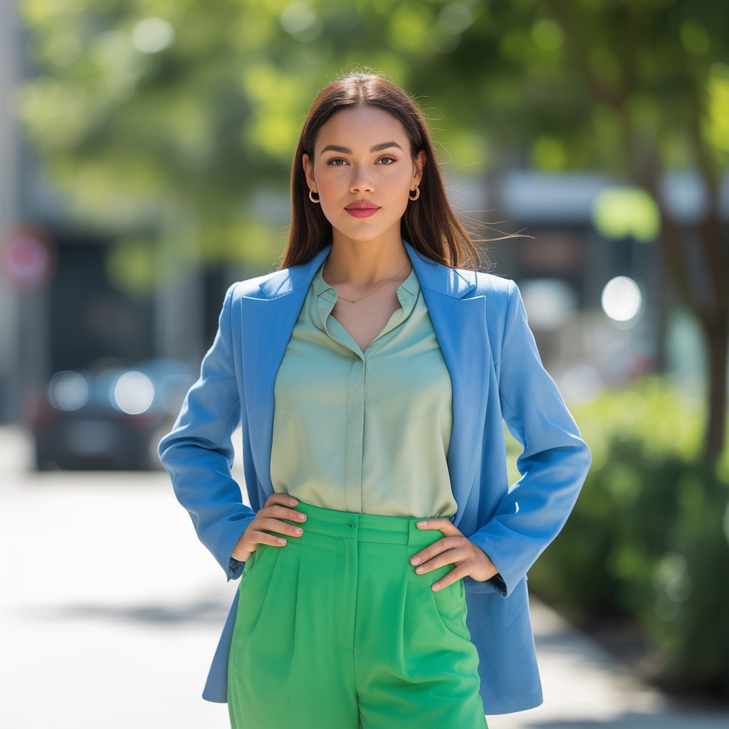 A confident young woman wearing a blue blazer and green blouse stands outdoors with a relaxed, self-assured expression.