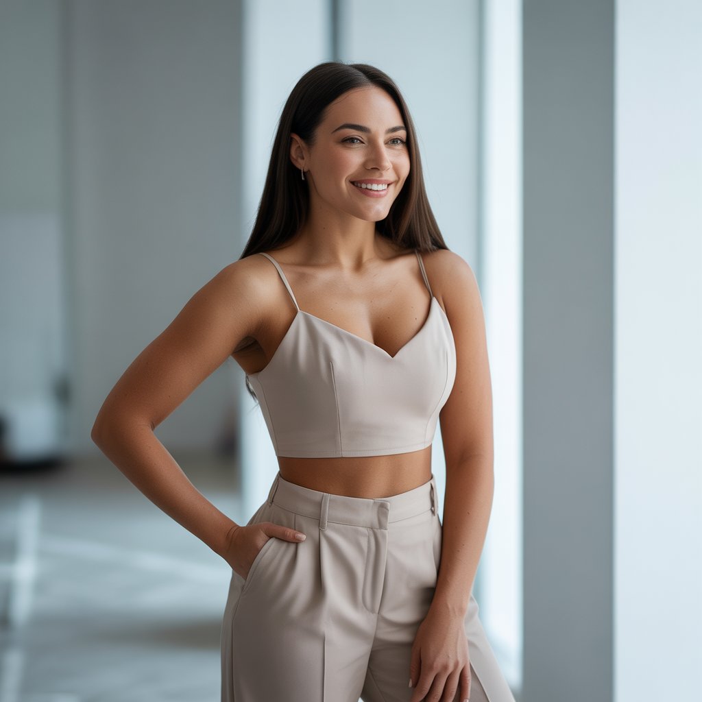 A confident woman standing and smiling, wearing a flattering outfit that highlights her natural body shape in a bright, minimalistic studio.