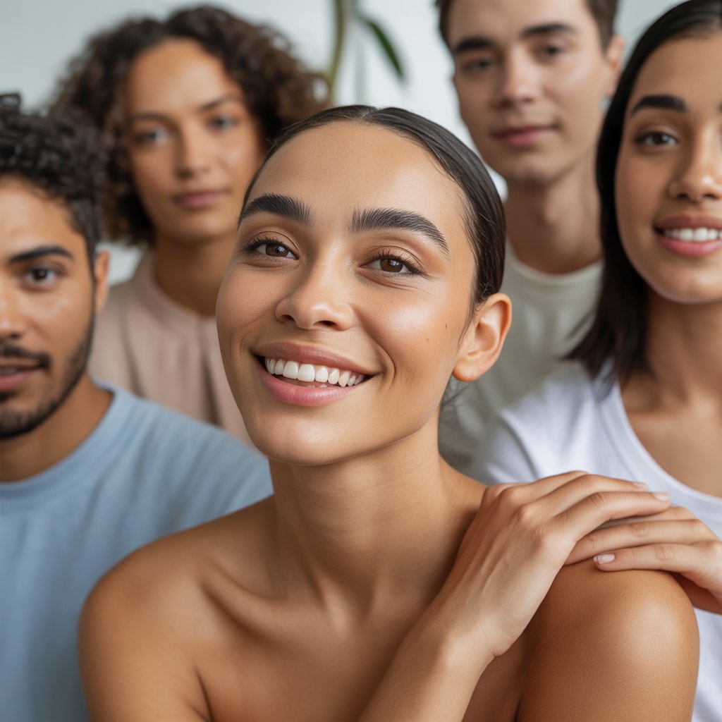 A woman smiling naturally with minimal makeup, surrounded by casually dressed people in a bright indoor space.