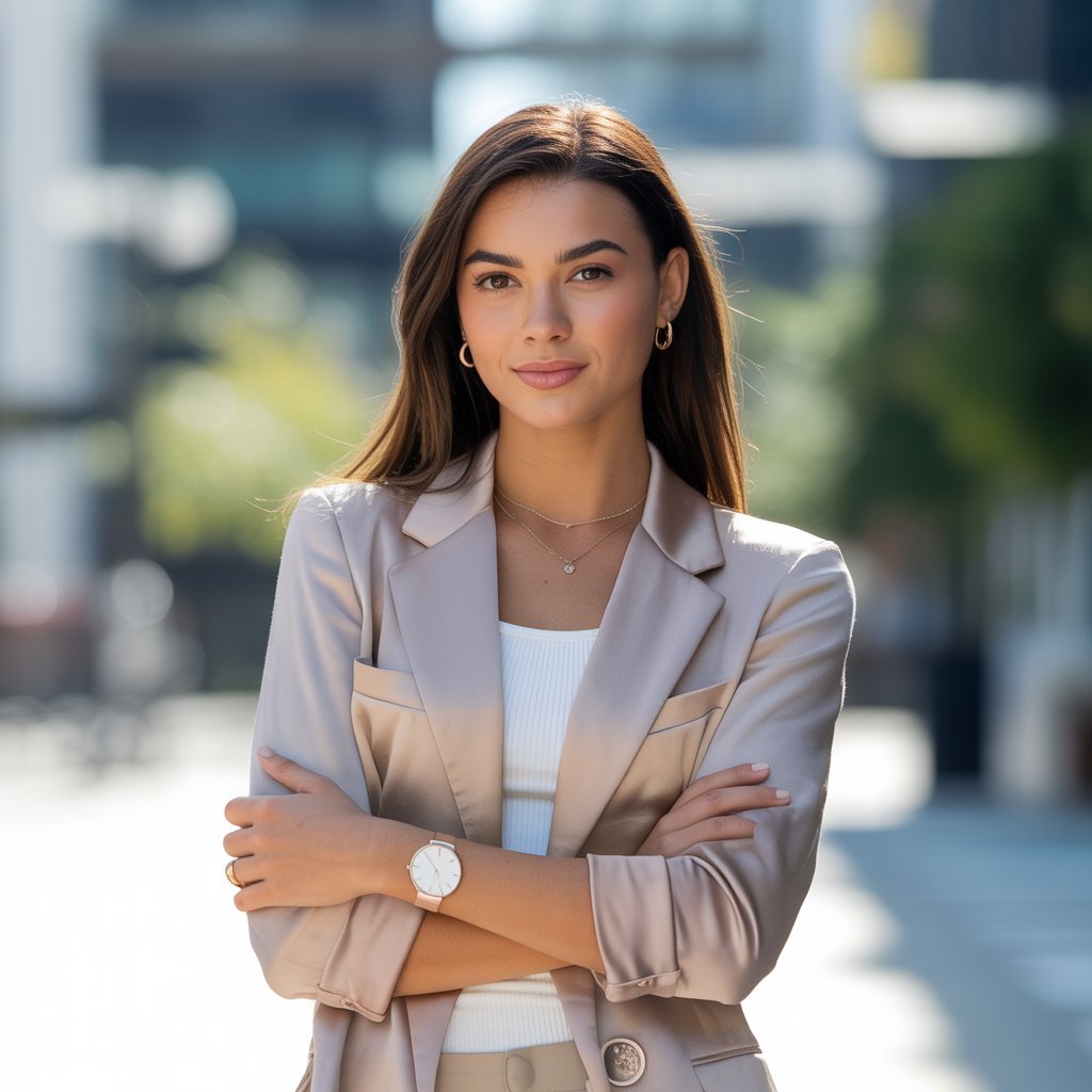 A young woman standing outdoors in a city wearing subtle accessories that complement her outfit, looking confident and relaxed.