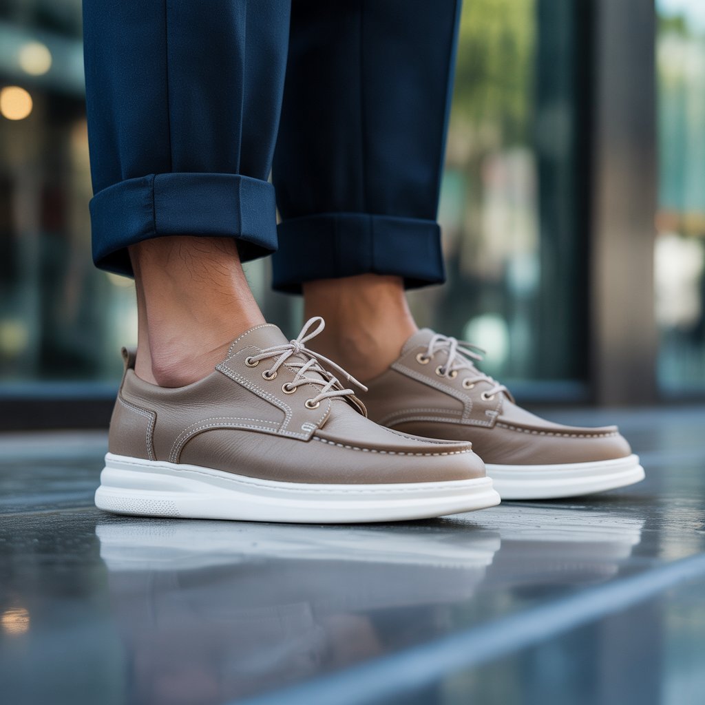 Close-up of a person's feet wearing stylish and practical shoes while standing on a sidewalk.