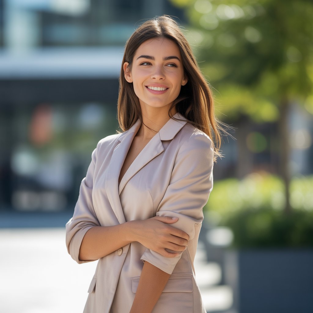 A young woman standing outdoors in a stylish outfit, smiling confidently with relaxed posture and no signs of adjusting her clothes.