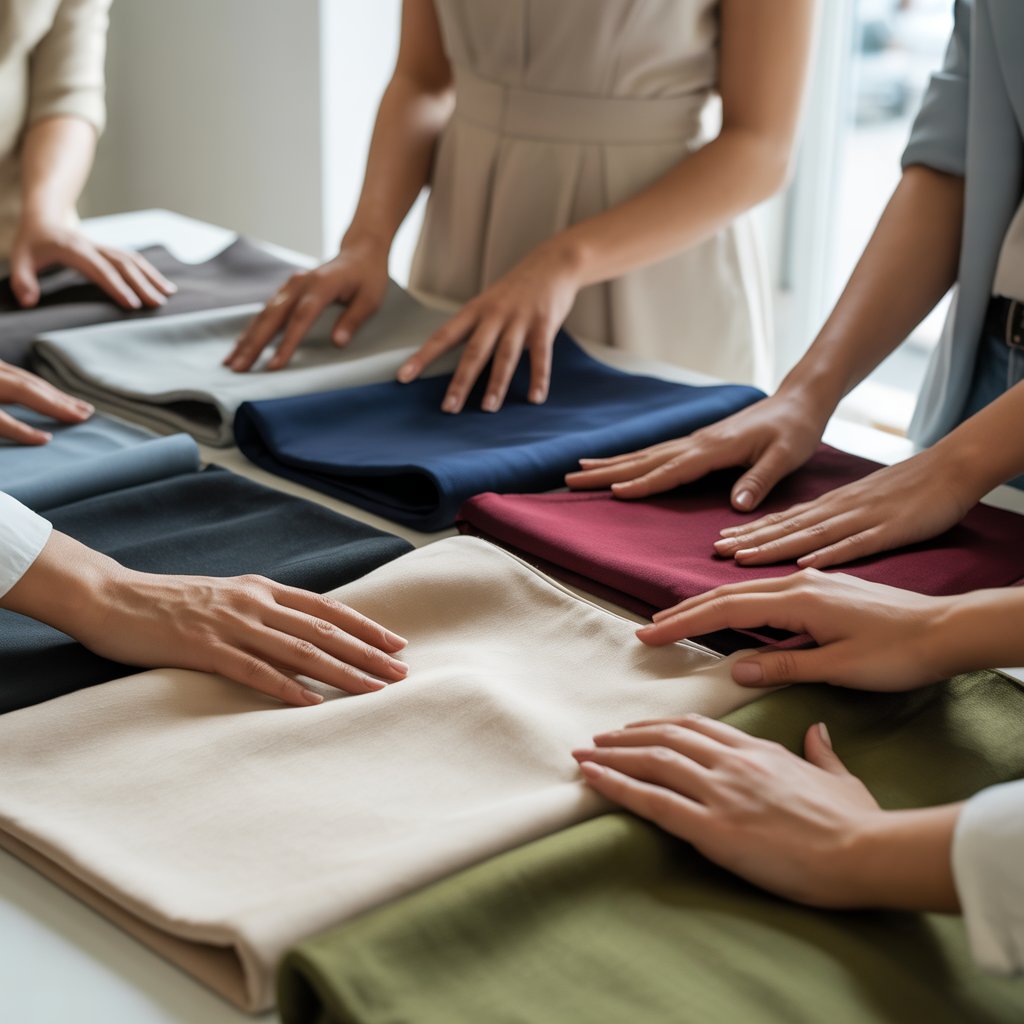 Close-up of hands feeling and selecting different soft fabrics in natural light.