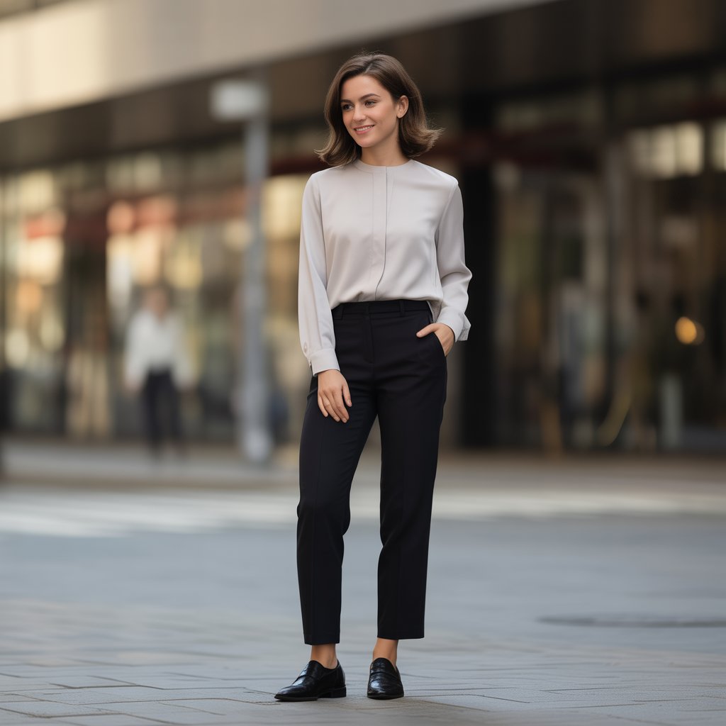 A young adult woman stands confidently outdoors wearing a simple, well-fitted outfit with clean lines.
