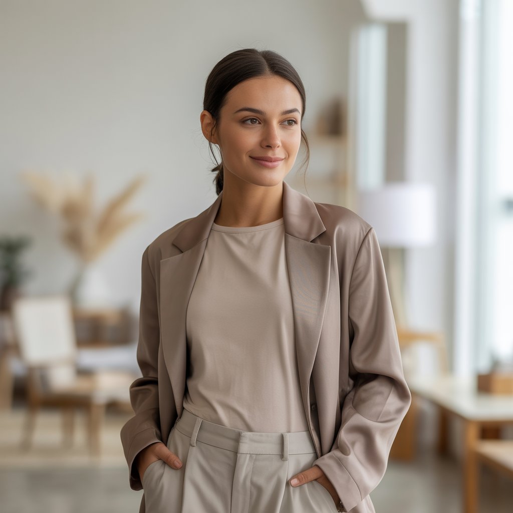 A young woman wearing neutral-colored clothing stands confidently in a bright, modern room with natural light.