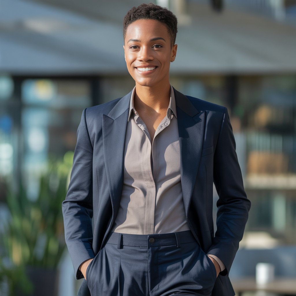 A confident person standing indoors wearing perfectly tailored, well-fitting clothing with an upright posture and a slight smile.