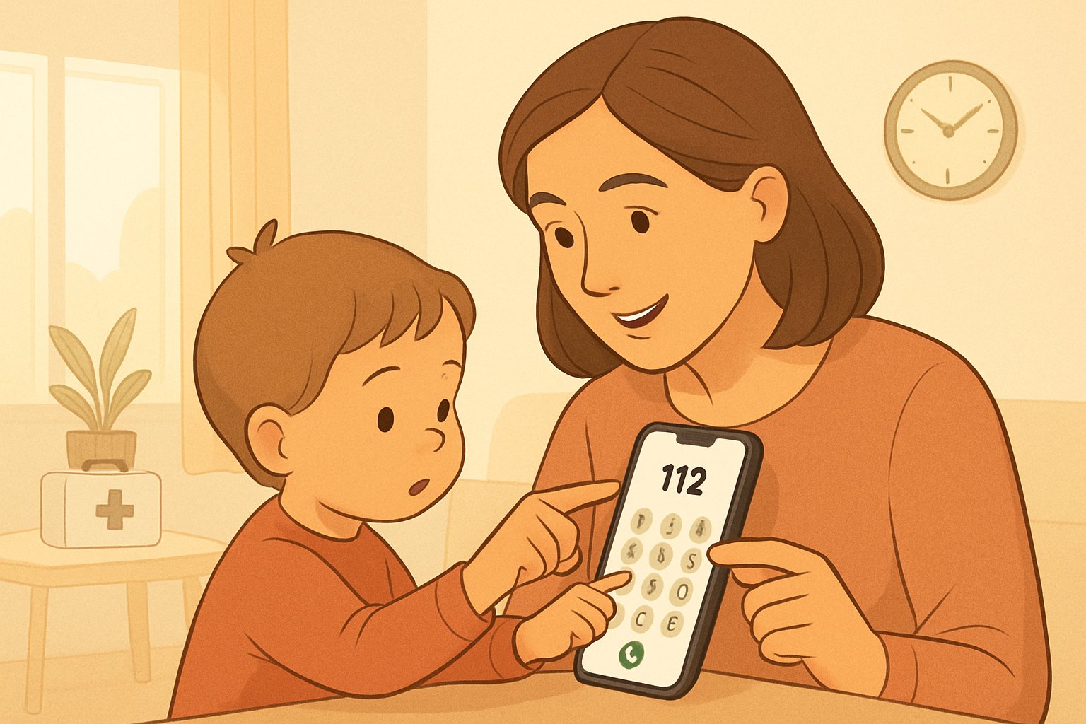 Bir yetişkin, bir çocuğa evde telefonla acil durum numarasını aramayı öğretiyor.